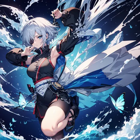 (((1 person　put on an eyepatch　Gray Hair　Qinglong)))　((Jumping kick))　((High resolution　short hair　shoulder　Also々funny Face　knifeを胸の前で構える))　((Black Band　Ninja　Lonely　despair　blue eyes　close))　((Blue Butterfly　night　Japanese style　old　Shining Aura　Jump　Catc...