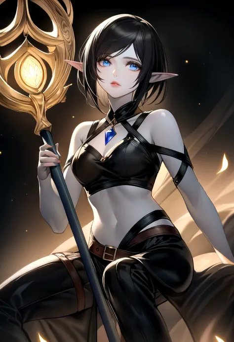 ull body A slender half-elf, her pale skin reflects a bluish tone, her long “black hair” like the night runs down her back, the well-defined bangs highlight her crystalline blue eyes, which reflect the purity of her gaze. To the Slightly pink cheeks highli...