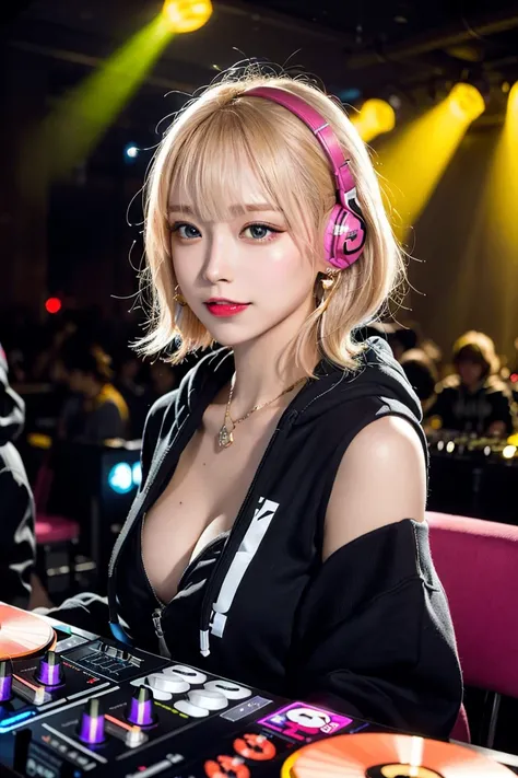 Highest quality, Tabletop, Ultra-high resolution, (Realistic:1.4), (Japanese Idols),RAW Photos, One Girl, night,Detailed skin,nightclub,Disco,(blonde:1.2), Glossy Lips,smile,21 years old,Beautiful and beautiful eyes,eye shadow,Diamond jewellery,Earrings,Go...