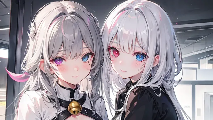 Gray Hair, Mole under the eye, Mismatched sclera, Heterochromia iridis, blush, shy, Laughter, Bell, Ray Tracing, God&#39;s Rays, Backlight, Shining Light, Anime Style  