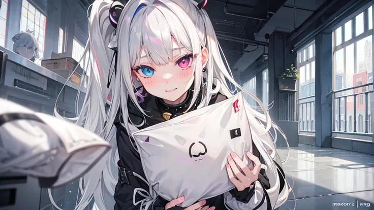 Gray Hair, Mole under the eye, Mismatched sclera, Heterochromia iridis, blush, shy, Laughter, Bell, Ray Tracing, God&#39;s Rays, Backlight, Shining Light, Anime Style  