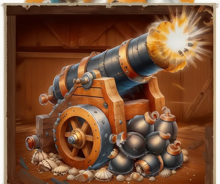 An old cannon，The gap emits a burst of light，Wooden structure and support frame，There are many shells scattered below，High-definition quality，High-quality posters，Game Icon,