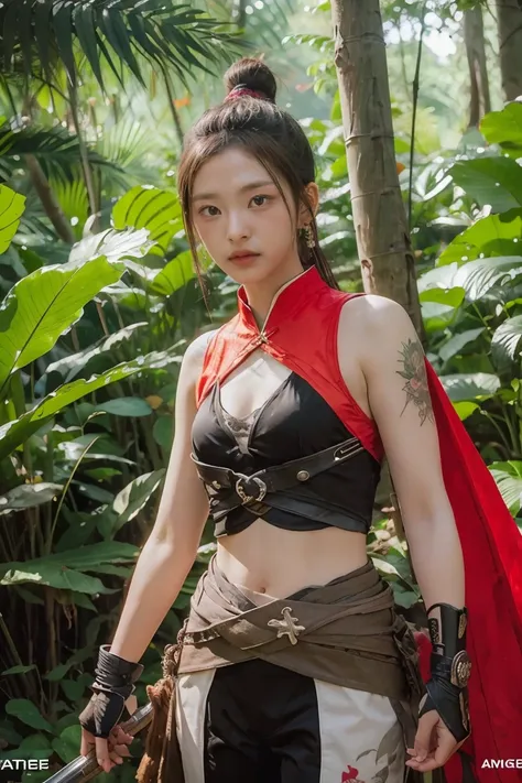 bamboo forest background，A look of determination，colorful vivid octane render, cybernetic and highly detailed, loba andrade from apex legends, created in unreal engine 5, made in unreal engine 5, trending on unreal engine 5, Antique portraits, Martial arts...