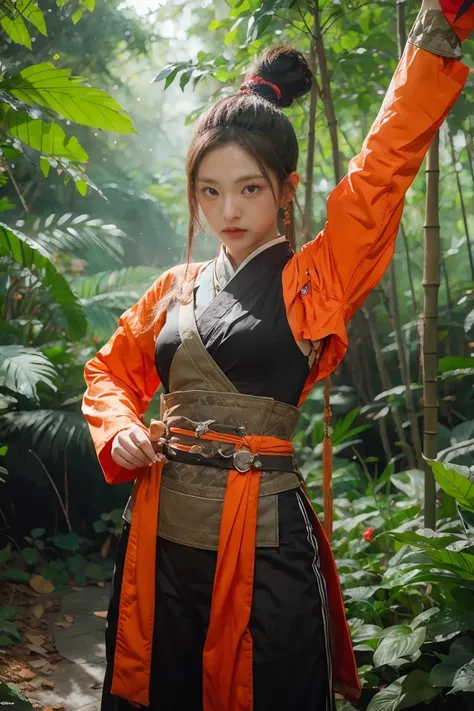 bamboo forest background，A look of determination，colorful vivid octane render, cybernetic and highly detailed, loba andrade from apex legends, created in unreal engine 5, made in unreal engine 5, trending on unreal engine 5, Antique portraits, Martial arts...