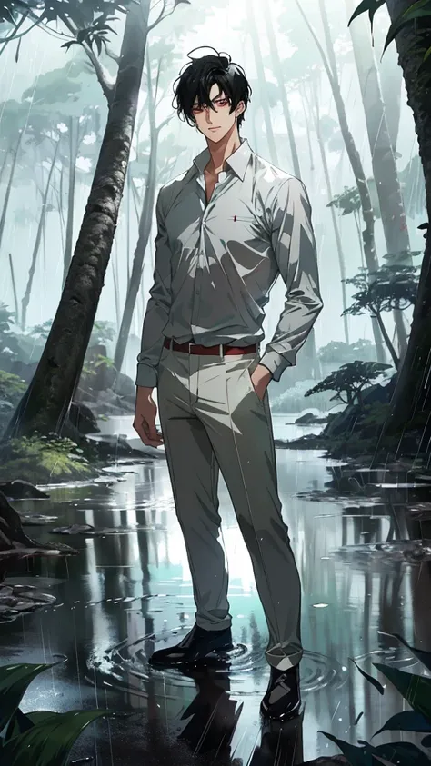 Anime-style male character standing in forest, (black hair:1.2), (gentle expression:1.1), red eyes, Plain white shirt and plain white trousers, (Standing in the middle of the forest with rainwater on the ground:1.3), sunlight reflecting on water, rain fore...