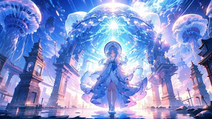 Person in a white dress、Arafad image of a woman in a white hat, Jellyfish Shrine Maiden, Complex and gorgeous anime CGI style, Jellyfish Miko, cgstation Popular Topics, Gwaiz, Close-up fantasy of the magic of water, Anime girl walking on water, Gwaiz style...