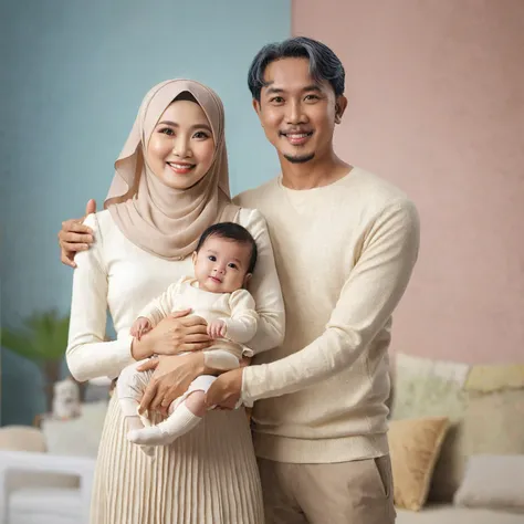 there is a man and woman holding a baby in a living room, an indonesian family portrait, portrait of family of three, husband wife and son, happy family, full protrait, color studio portrait, family portrait, home photography portrait, realistic portrait p...