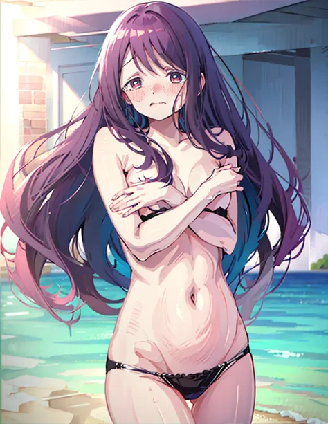 ８K, Highest quality, masterpiece, Ultra-detailed、full lips、Blushing、lipstick、Perfect hands、Detailed hands、hand good、Covering breasts with hands、Small breasts、Covering breasts with hands、Semi-long hair、Blushing、Feeling embarrassed、Ocean、Swimwear、