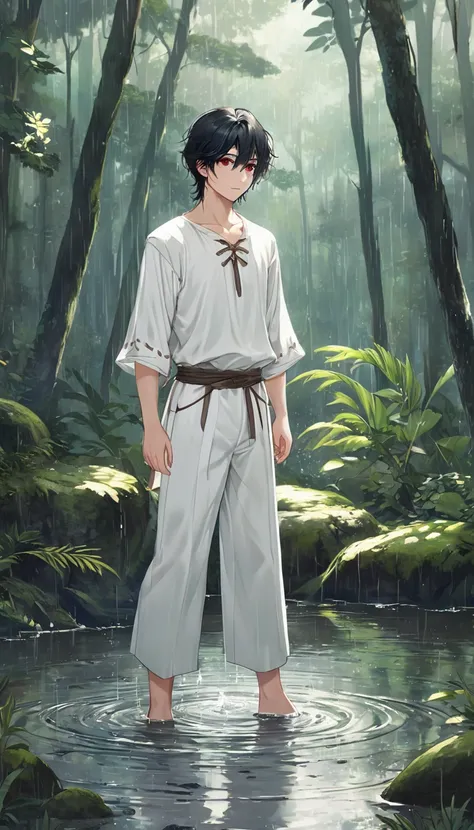 Anime-style male character standing in forest, (black hair:1.2), (gentle expression:1.1), red eyes, Plain white shirt and plain white trousers medieval set outfit, (Standing in the middle of the forest with rainwater on the ground:1.3), sunlight reflecting...