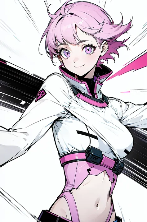 This 16-year-old energetic girl，The name is Peanut，Mature but smiling，Short hair with pink highlights，Pure black tight combat uniform，Not afraid of death，Optimistic and cheerful