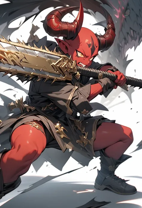 ({masterpiece}},{best quality,}，white background,full body,fantastic,1 Demon，Fighting Stance，Red skin，Horns，Chainsaw sword，Brass decoration，({masterpiece}},{best quality}