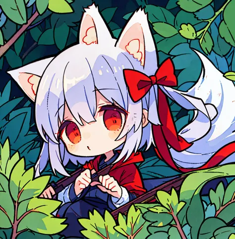 tegaki chibi girl solo red hood girl wolf ears in the forest gothic lolita from side holding rifle