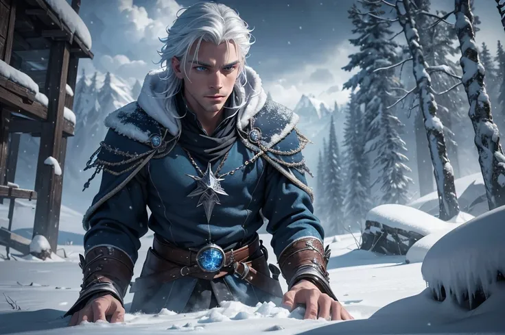 A young and handsome man, mage, white hair, blue eyes, adventurer, in a snowy place, alchemists clothes, (best quality,4k,8k,highres,masterpiece:1.2),ultra-detailed,(realistic,photorealistic,photo-realistic:1.37),detailed face, beautiful detailed eyes, bea...