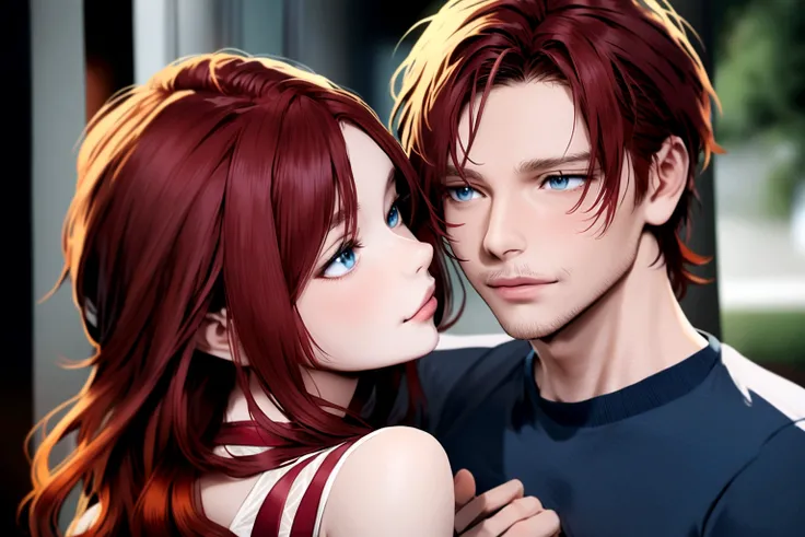 couple together, woman with red hair, man with black hair and blue eyes