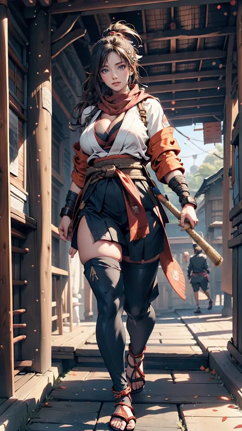 24 year old Caucasian female、Sexy proportions、Sexy、Breasts protruding forward（Rocket Boobs)、Female Ninja(scarf、Jacket、Hakama、Hand guard、stumbling、tabi、Straw sandals)