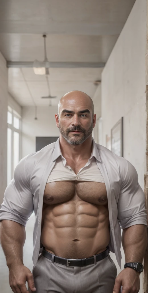 1boy, European, solo, facial hair,34 yrs old, dom, male focus, bald head, bara, muscular, mature male, muscular male, beard, short hair, thick eyebrows, fair-skinned male, thighs, fancy suit, dark skin, tie, tight white shirt, open jacket, grey business su...