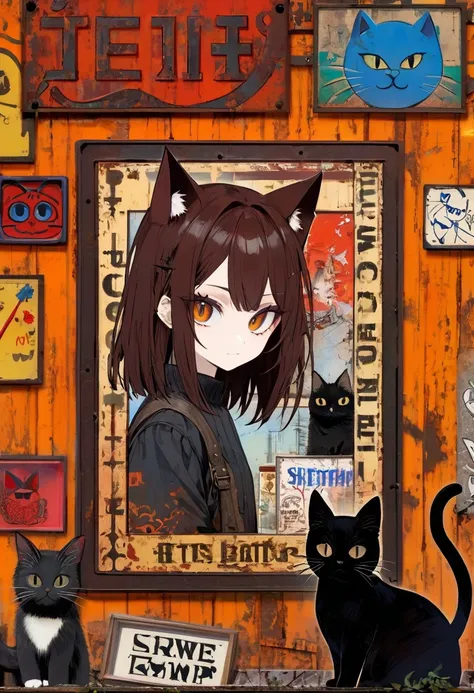 simple decorative rusty metal sign with a drawing of a satanic cat, dark, artwork inspired by Dave McKean, vivid colors, intricate details, oil painting.
