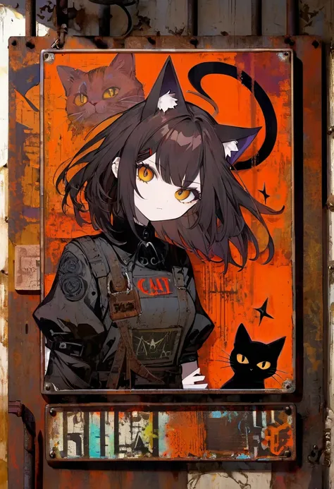 simple decorative rusty metal sign with a drawing of a satanic cat, dark, artwork inspired by Dave McKean, vivid colors, intricate details, oil painting.
