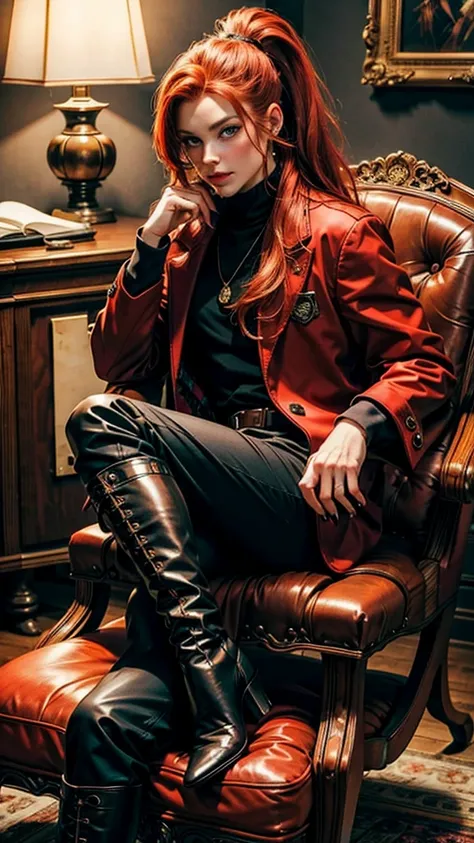 Sitting in the armchair, A beautiful redhead with a ponytail, in elegant black boots, elegant, beautiful female red coat, red painted nails, blue eyes, Beautiful young man, having beard 