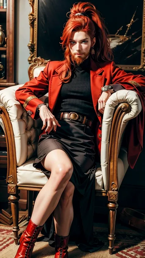 Sitting in the armchair, A beautiful redhead with a ponytail, in elegant black boots, elegant, beautiful female red coat, red painted nails, blue eyes, Beautiful young man, having beard 