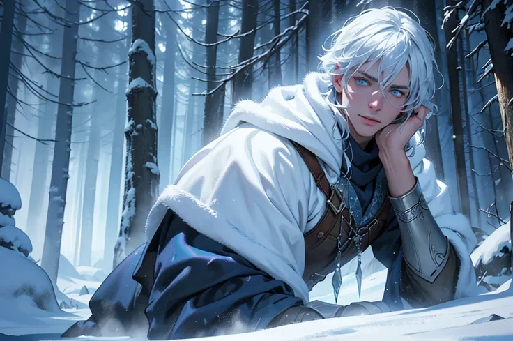 A young and handsome man, mage, white hair, blue eyes, adventurer, in a snowy place, alchemists clothes, (best quality,4k,8k,highres,masterpiece:1.2),ultra-detailed,(realistic,photorealistic,photo-realistic:1.37),detailed face, beautiful detailed eyes, bea...