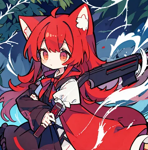 tegaki chibi girl solo red hood girl wolf ears in the forest gothic lolita from side holding rifle