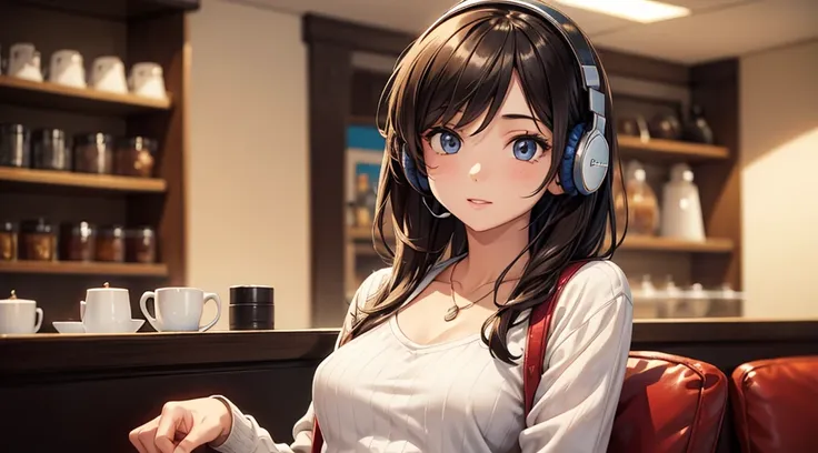 Girl with headphones enjoying music in a cafe　I am studying　Emphasize a little bit of the chest