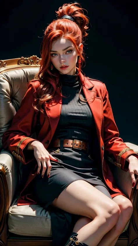 Sitting in the armchair, A beautiful redhead with a ponytail, in elegant black boots, elegant, beautiful female red coat, red painted nails, blue eyes, Beautiful young man, having beard 