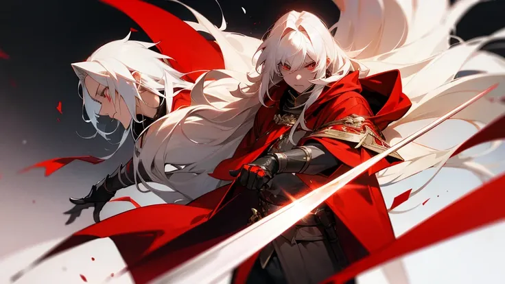 1 long-haired albino male knight, Wearing a red hood、with a long sword