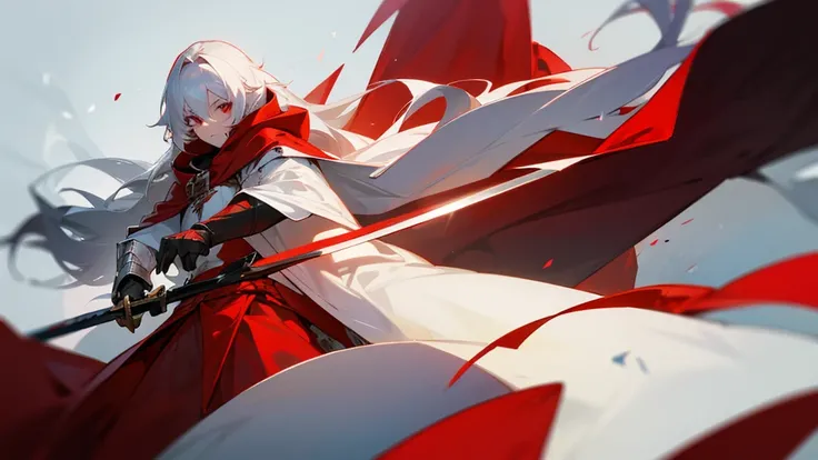 1 long-haired albino male knight, Wearing a red hood、with a long sword