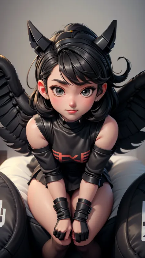 cute girl, black and gray siphonaptera chibi, bright eyes with cute anime-style expressions, jumping on a mattress ("msx" writte...