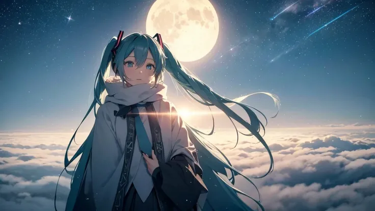 Set against the backdrop of an adventurous fantasy world、This is an image of Hatsune Miku.。She wears a mysterious cloak。The surroundings are shrouded in fog、In the distance you can see the silhouette of an ancient castle。The sky is a starry night、The moon ...