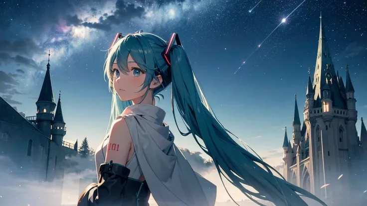 Set against the backdrop of an adventurous fantasy world、This is an image of Hatsune Miku.。She wears a mysterious cloak。The surroundings are shrouded in fog、In the distance you can see the silhouette of an ancient castle。The sky is a starry night、The moon ...