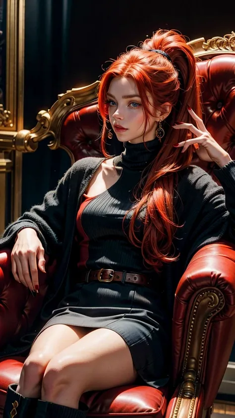 Sitting in the armchair, A beautiful redhead with a ponytail, in elegant black boots, elegant, beautiful female red coat, red painted nails, blue eyes, Beautiful young man, having beard 