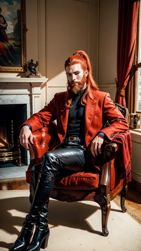 Sitting in the armchair, A beautiful redhead with a ponytail, in elegant black boots, elegant, beautiful female red coat, red painted nails, blue eyes, Beautiful young man, having beard 