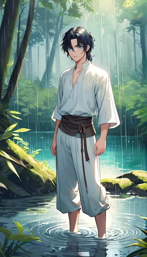 Anime-style male character Standing in front of the lake, (black hair:1.2), (gentle expression:1.1), blue eyes, Plain white shirt and plain white trousers medieval set outfit, (Standing in the middle of the forest with rainwater on the ground:1.3), sunligh...