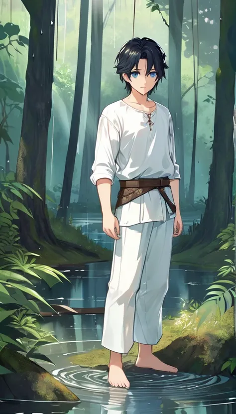 Anime-style male character Standing in front of the lake, (black hair:1.2), (gentle expression:1.1), blue eyes, Plain white shirt and plain white trousers medieval set outfit, (Standing in the middle of the forest with rainwater on the ground:1.3), sunligh...