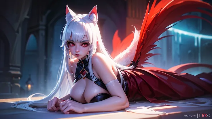 A beautiful girl with cat ears, long white hair, and a furry cat tail, bat wings, and red eyes, wearing white and red clothes, slender figure with large breasts, (best quality,4k,8k,highres,masterpiece:1.2),ultra-detailed,(realistic,photorealistic,photo-re...