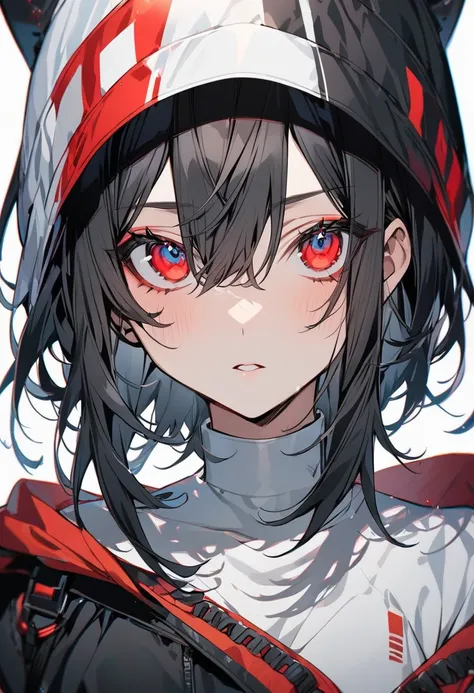 girl, black hair, medium hair, two colors eyes, one blue eyes, one red eyes