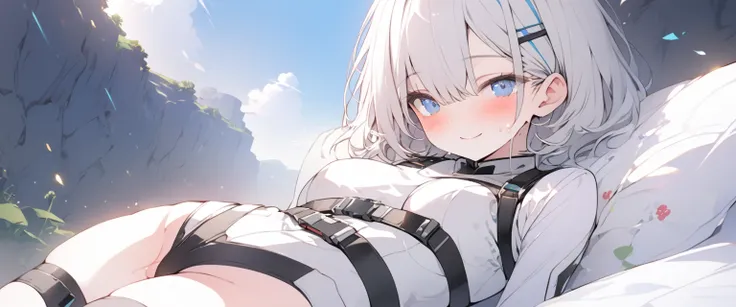 beautiful, masterpiece, Highest quality, anime, One girl, C Cup,Portrait Shot, View your viewers, Covered、Short Hair、nearby、Blue Eyes、art、、White hair,Blue streaked hair、hairpin、Thighs、Cute、blue sky、Beautiful breasts、Full Harness、valley、Sweat、Under Harness、...