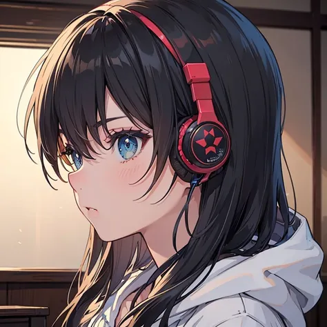 night、（机に向かってBarely）,（Headphones）、Barely、（Serious profile）,indoor, Super detailed, (((Very detailed eyes and face))), profile, masterpiece, Highest quality, Realistic portraits, hoodie, Very detailed, Dynamic Angle, The most beautiful form of chaos, elegan...