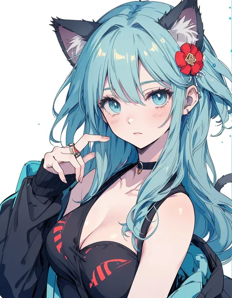 Japanese Samurai, black bikini, katana, ((masterpiece, best quality:1.5)), ((Beautiful detailed cat aqua eyes:1.2)), cat ears, pale skin, medium breasts, beautiful hands, beautiful fingers, EasyNegative