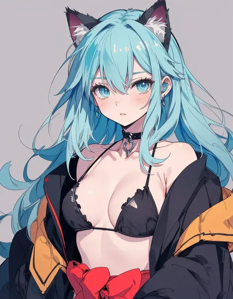 Japanese Samurai, black bikini, katana, ((masterpiece, best quality:1.5)), ((Beautiful detailed cat aqua eyes:1.2)), cat ears, pale skin, medium breasts, beautiful hands, beautiful fingers, EasyNegative