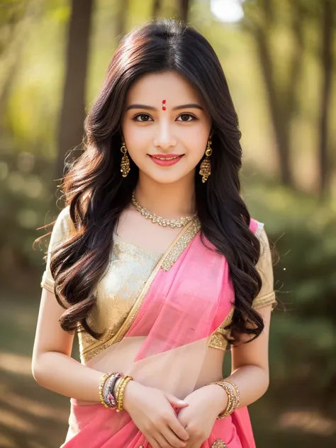 8K, ultra high detailed, an indian girl, cute smile realistic face, happy, long hair, impressive hairstyle, detailed eyes, detailed lips, indian clothes, saree, pink saree, lace, wearing jewellery, nature background, flowers, afternoon, shadow, clear weath...