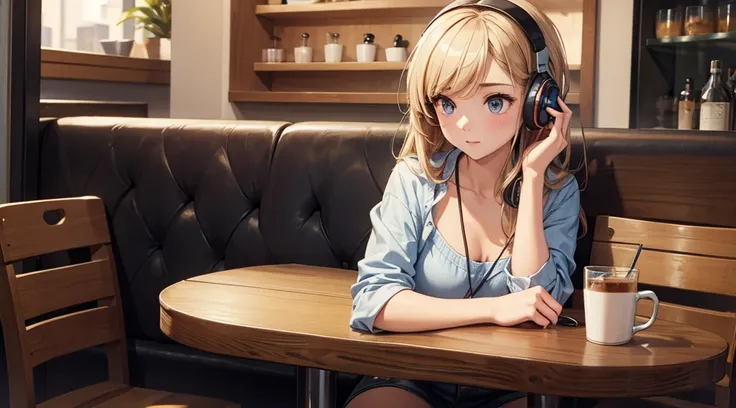 girl with headphones enjoying music in a cafe　i am studying　emphasize a little bit of the chest