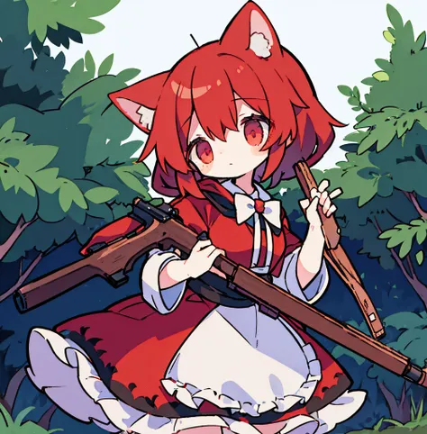 tegaki chibi girl solo red hood girl wolf ears in the forest gothic lolita from side holding rifle