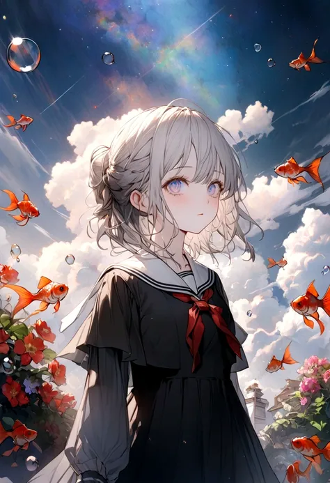 (woman(student, 15 years old, ＪＫ, Short silver hair floating, Space-colored eyes, school black uniform, Pale skin, Tired face、lack of shine in the eyes) Looking up at the sky), (Many goldfish are swimming in the air), Beautiful sky, Beautiful Clouds, Color...