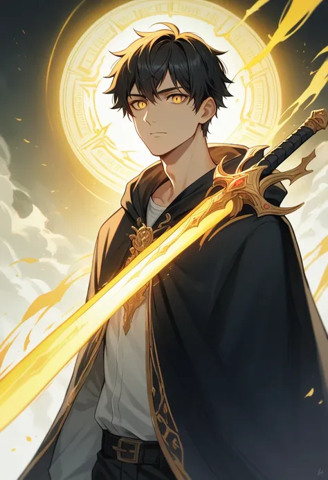 a boy with long wavy black hair, golden eyes, wearing a black hooded cloak, surrounded by golden energy, holding a sword, 4k, anime, intricate details, dramatic lighting, cinematic composition, vibrant colors, fantasy, atmospheric, epic