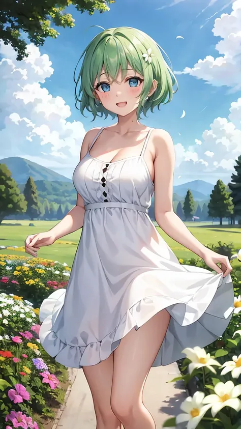 Girl with short green hair, Small size breasts, Small breasts、Green Eyes, White Casual Wear Beauty Special、(((tits))),Full body shot from head to toe、White dress、Colorful flower fields、Fluttering petals、A big smile when looking at the flowers、Uplifting、Swa...