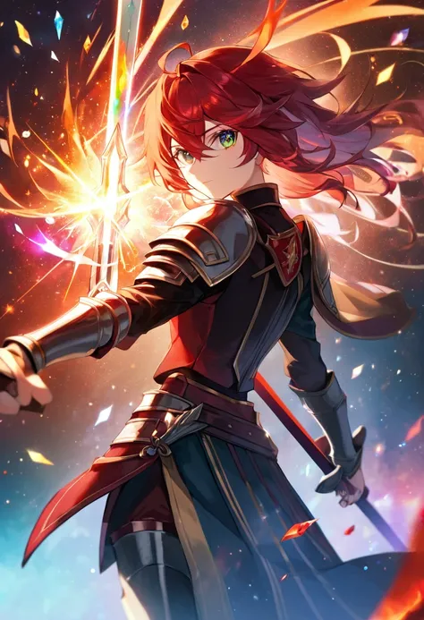 Flander Scarlet from Toho with a fiery European sword in his right hand, in knights armor. Hes floating above the ground. Beautiful armor. A beautiful face and eyes. There are magic sparks all around. Her hair flutters beautifully in the wind. Rainbow crys...